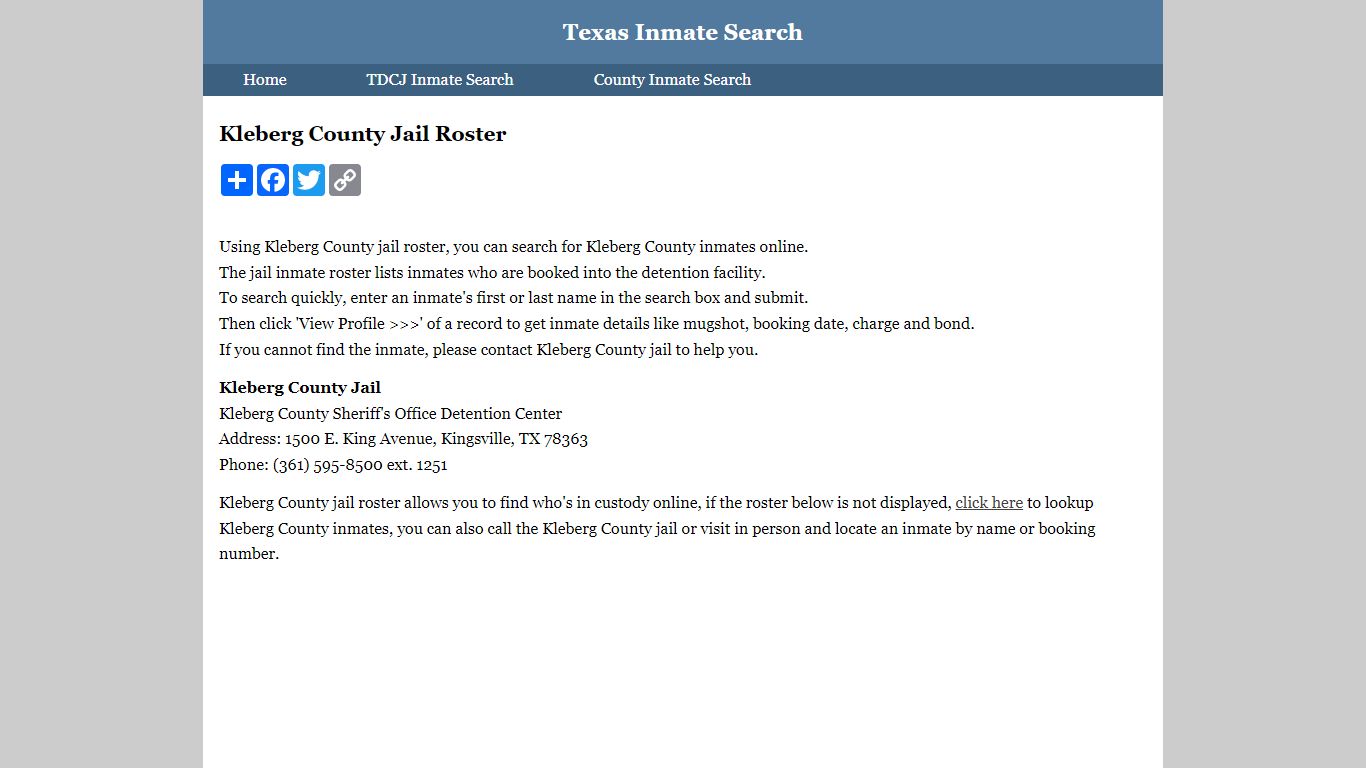 Kleberg County Jail Roster - Texas Inmate Search